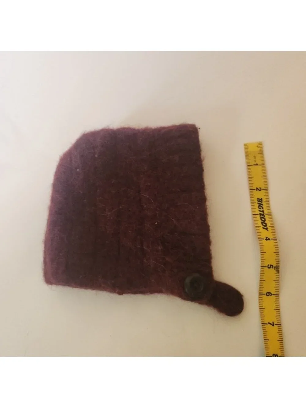 Burgundy Wool Knit Bonnet Hat Button Chin Strap Fuzzy Warm WinterCap Handcrafted